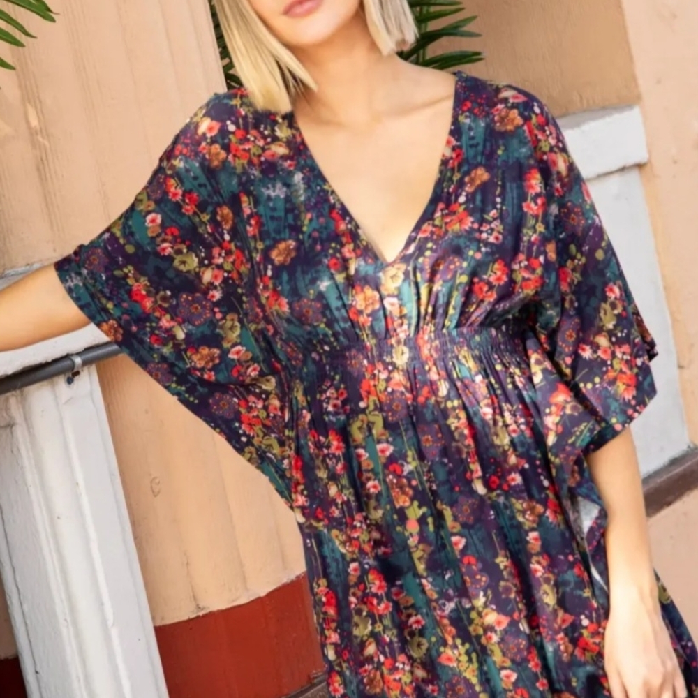 Natural LIFE Sanibel Kaftan Mini Dress, Watercolor Indigo Floral, Size MEDIUM